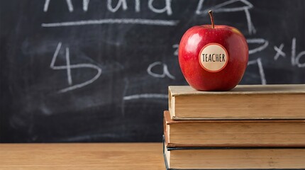 A red apple with the word TEACHER on it sits on a stack of books in front of a chalkboard with math equations.