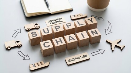Wooden cubes spelling 'Supply Chain' on modern desk, logistics flow, inventory control, business concept