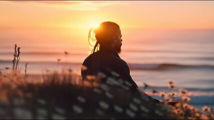 Young man practicing meditation on a cliff overlooking the ocean during a serene sunset