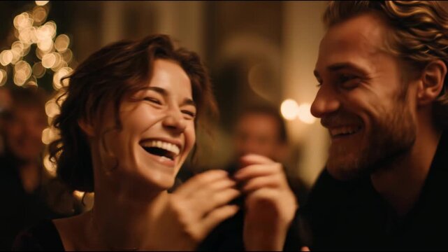 Beautiful young couple sharing a happy and intimate moment during a romantic evening celebration.She dodge a kiss from the guy