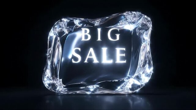 Glowing Ice Block Displaying Big Sale Message on Dark Background