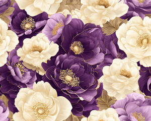 luxury purple and cream floral seamless pattern with gold accents elegant botanical background