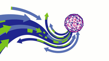 Abstract concept of global network connection and data flow with arrows and a sphere