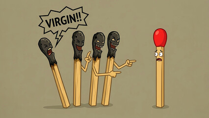 Cartoon illustration depicts several burned, menacing matchsticks mockingly pointing and yelling at an unlit, apprehensive matchstick with a red tip.