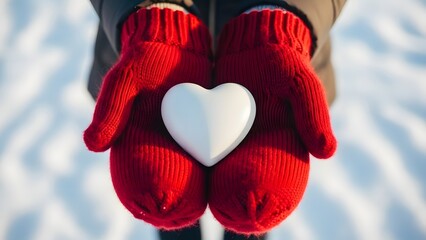 Hands in red gloves holding a white heart shaped object in winter