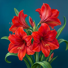 Vibrant red amaryllis flowers blooming beautifully against a serene blue-green background