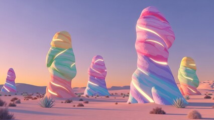 Colorful Twisted Stripes on Abstract Sculptures in Desert Landscape
