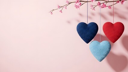 Three hanging heart shaped decorations in blue red and light blue colors
