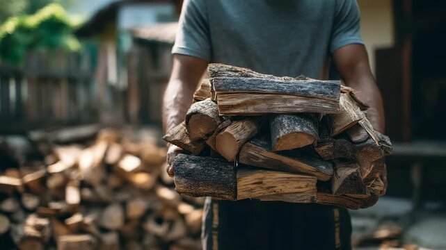 Man carrying a large stack of chopped firewood for heating outdoors