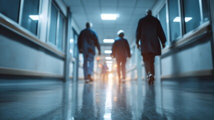 Fototapeta premium Staff and Residents Walking in Corridor of Elderly Care Facility at Twilight