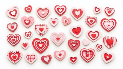 Collection of intricately designed red and pink hearts on white background