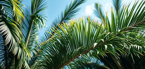 Fronds of a lush, tropical palm tree swaying gently in the breeze,  exotic,  vibrant