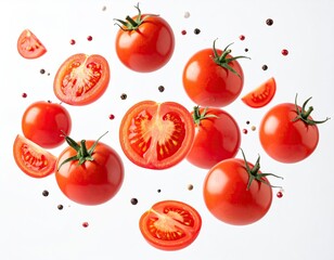 Fototapeta premium Floating red tomatoes and peppercorns against a clean white background