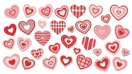 Collection of red and pink hearts on white background for valentine's day