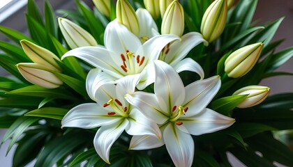 Elegant bouquet of pristine white lilies, lush green foliage,  design,  sympathy