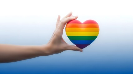 A hand holding a rainbow heart symbol against a gradient background