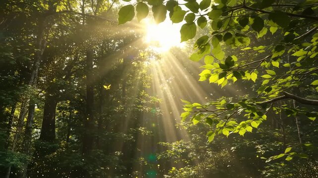 Naturally inspired Sunlight rays shining through green forest foliage, creating a calm and serene natural background with soft light and peaceful atmosphere.