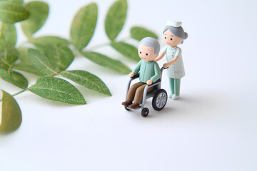 緑の中を散歩する車椅子利用者と介護士のやさしい時間（3D）／まみおデザイン福祉シリーズ
