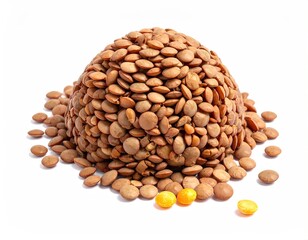 Brown lentils piled in a mound, with a white background