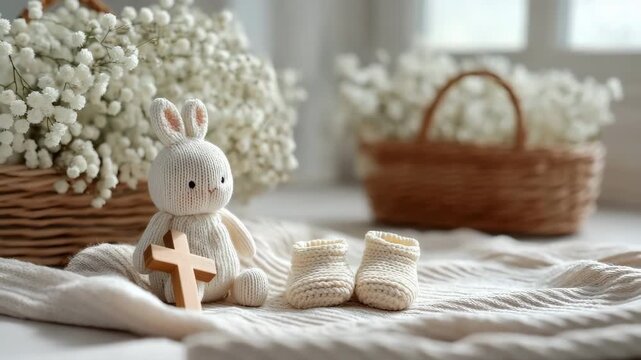 Sweet Baptism or Baby Shower Still Life: Knitted bunny, booties, and wooden cross with flowers
