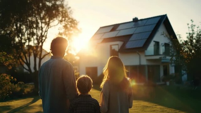Family of three standing with their backs to the camera in front of a solar panel house at sunset