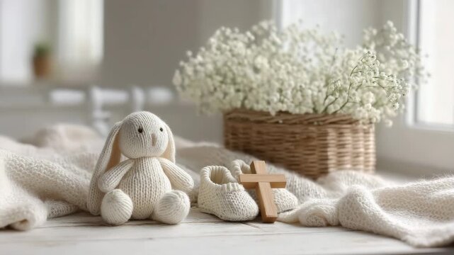 Sweet Baptism or Baby Shower Still Life: Knitted bunny, booties, and wooden cross with flowers