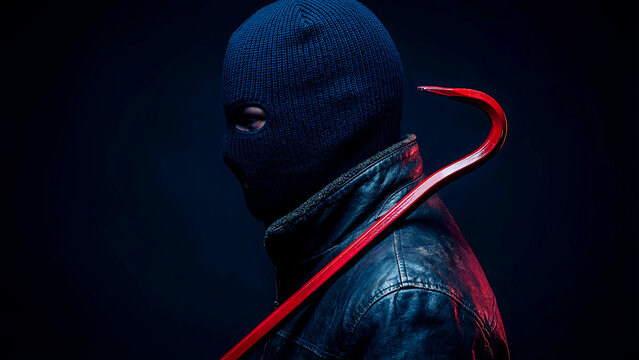 Mysterious figure wearing a dark blue knitted balaclava and holding a bright red metal crowbar suggests criminal intent or security threat