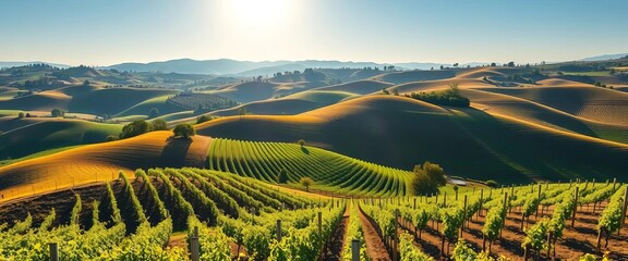 Rolling hills dotted with neatly arranged grapevines under a bright sun,  autumn,   agriculture