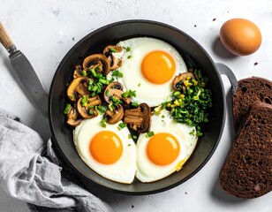 Close-up of fried eggs, mushrooms, and greens in a pan with bread