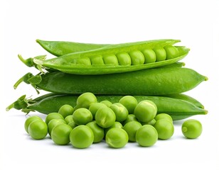 Close-up of green pea pods and shelled peas on a white surface