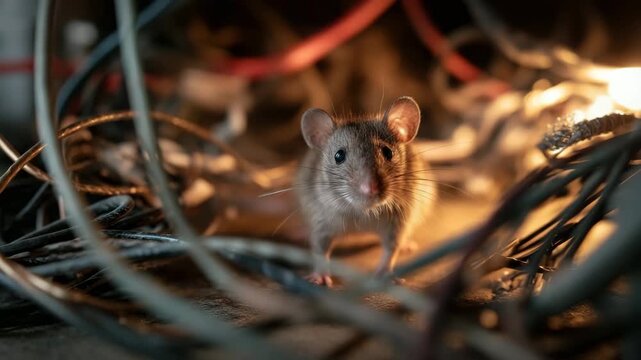 Close-up of a wild brown mouse sitting among electrical cables in a dark basement or storage area