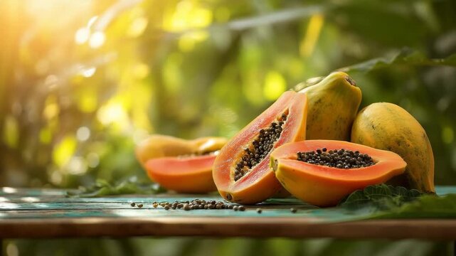A vibrant and fresh still life of ripe papayas, one cut open, on a rustic wooden table in sunlight