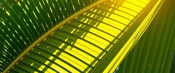 Large vibrant green tropical palm leaf, sunlight dappled on surface, leaf texture, nature