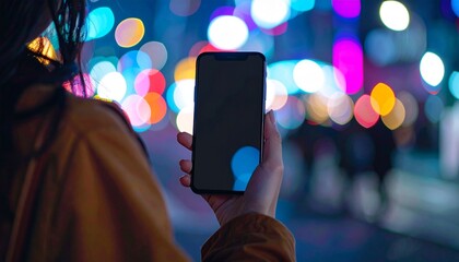 夜の街のネオンが美しく輝く、女性が手にするスマートフォンの画面モックアップ