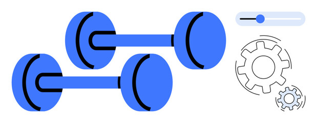 Health goals, fitness equipment, customization, mechanical precision, training routines, gym setup. Blue dumbbells with settings panel and gears. Fitness goals and customization focused concept