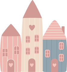 Cute Pastel Neighborhood Houses with Hearts Illustration for Valentine's Day