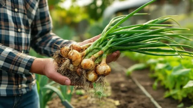Farmer's hands holding a bunch of freshly harvested organic bulb onions with greens