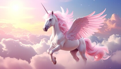 Magical Pink Winged Unicorn Flying in Pastel Clouds　パステルカラーの雲海を飛ぶ幻想的なピンク色のペガサス　ユニコーン