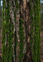 Obraz premium Close-up view of rough, weathered tree bark covered with vibrant green moss, showcasing the intricate texture and patterns of an ancient forest environment ,close-up ,wood ,macro