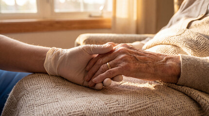 Caring hands holding gently, symbolizing compassion and support in warm environment
