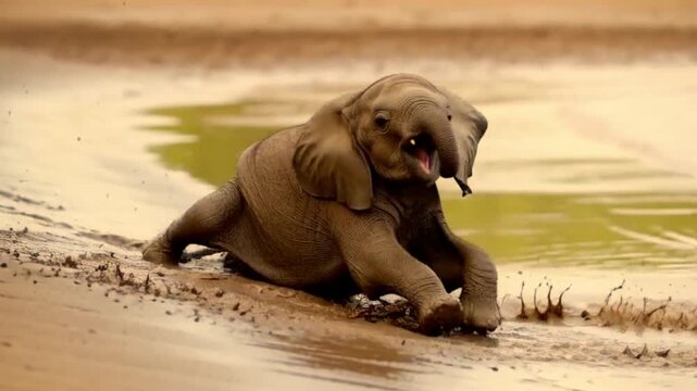 baby elephant approaching a shallow muddy slope. It slips slightly while trying to climb, slides down belly-first, splashing mud everywhere, then shakes itself and looks proud. video
