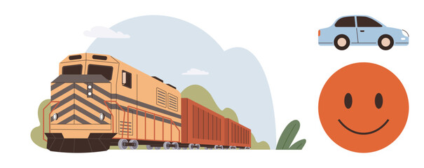 Freight train moving through greenery, small blue car, and orange happy face. Ideal for transportation, logistics, positivity, travel, sustainability, industrial systems and cheerful communication © robu_s