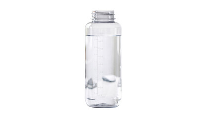 A large water bottle with daily intake reminder markings placed on a clean office desk highlighting the importance of hydration during work hours.