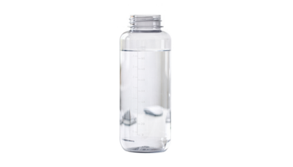 A large water bottle with daily intake reminder markings placed on a clean office desk highlighting the importance of hydration during work hours.