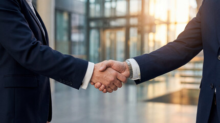 Professional handshake in modern office setting, symbolizing agreement and collaboration