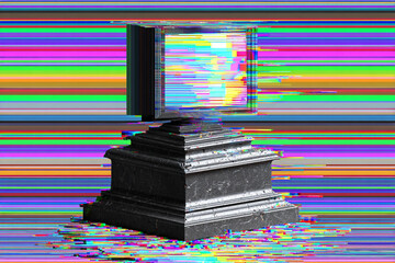Distorted digital noise and pixelated patterns form a glitch art style podium for modern technology and cyber culture showcase.