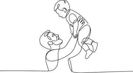 Fototapeta premium Happy dad playing with his young child in continuous line art drawing style. Father holding his son up in the air. Minimalist black linear sketch.one line vector illustration with out background