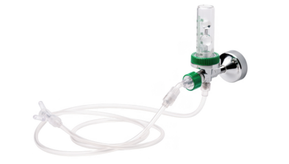 Medical oxygen flowmeter and l cannula isolated on white emphasizing essential equipment used to assist patients with mild breathlessness in clinical settings.