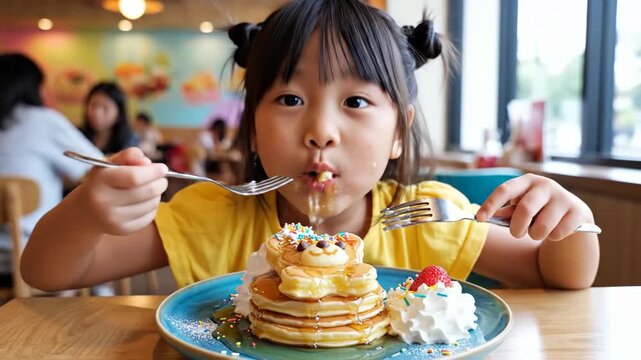 Young girl cutting pancake stack at table with whipped cream