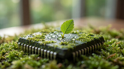 Microchip surrounded by green moss and water droplets, symbolizing nature and technology